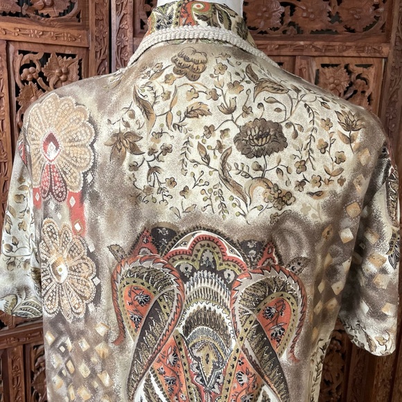 Vintage Paisley Floral Printed Button Down Blouse with Crochet Trim Boho Western - Picture 10 of 12